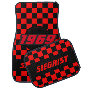 Muscle Car Checkered Flag Pattern   Black & Red Floor Mat