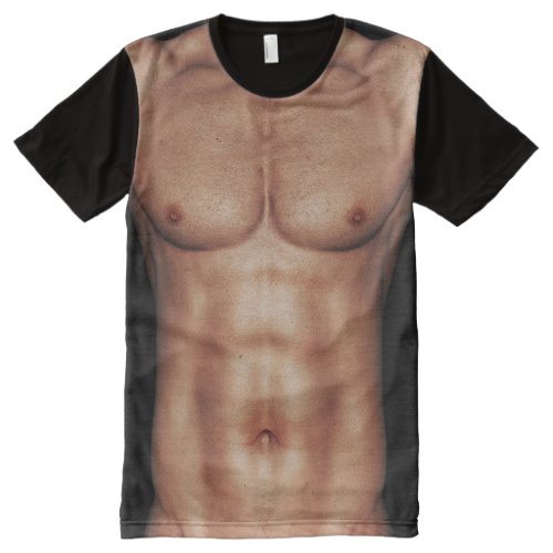 Muscle Man 6 Pack Torso Tan Skin All-Over-Print T-Shirt - Ripped pecs and six pack abs male torso with tan skin design shirt.