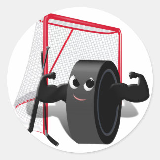 Muscle Man Hockey Puck w/Goal & Hockey Sticks Classic Round Sticker