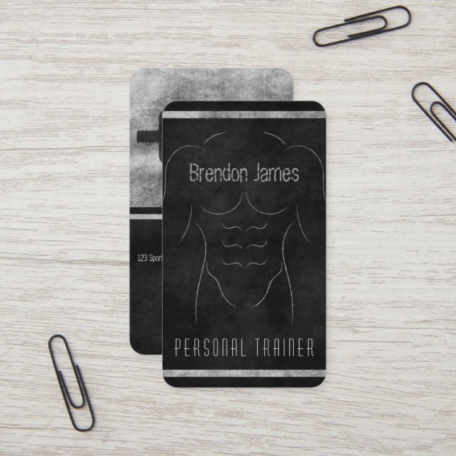 Muscle Man Outline Black Personal Trainer Vertical Business Card (Front/Back In Situ)