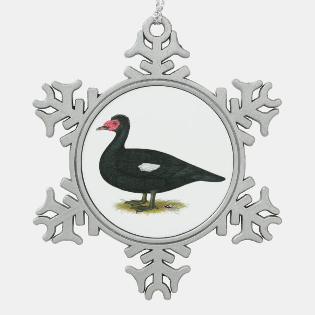 Muscovy Black  Drake Snowflake Pewter Christmas Ornament (Front)