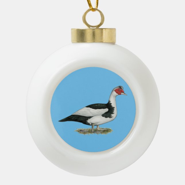 Muscovy Black Pied Drake Ceramic Ball Christmas Ornament (Front)