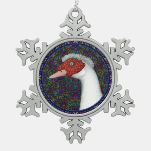 Muscovy Duck Head White Snowflake Pewter Christmas Ornament