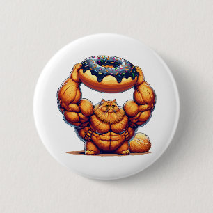 Muscular Cat Lifting Doughnut Button