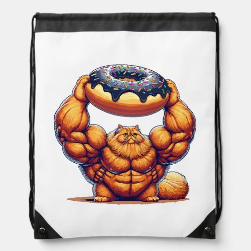 Muscular Cat Lifting Doughnut Drawstring Bag