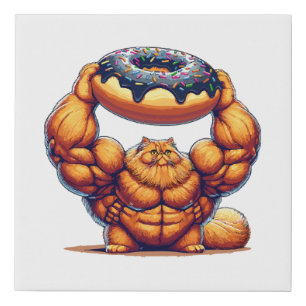 Muscular Cat Lifting Doughnut Faux Canvas Print