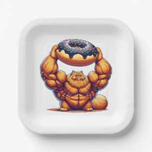 Muscular Cat Lifting Doughnut Paper Plates