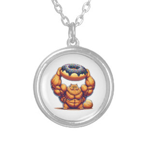 Muscular Cat Lifting Doughnut Silver Plated Necklace