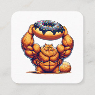 Muscular Cat Lifting Doughnut Square Business Card