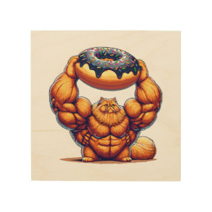 Muscular Cat Lifting Doughnut Wood Wall Art