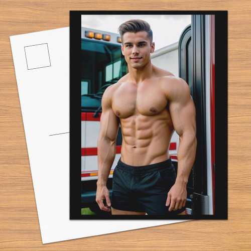 Muscular Firefighter in Black Shorts Postcard