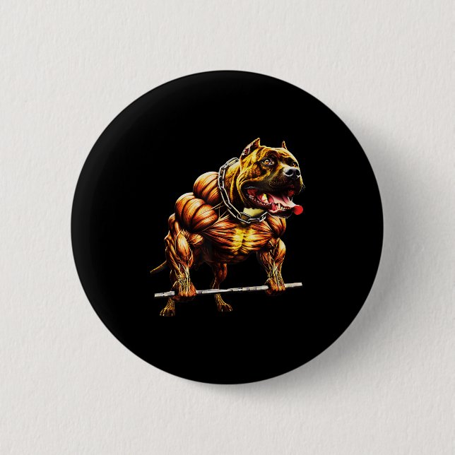 Muscular Pitbull Powerlifting Beast Gym Animal Str Button (Front)