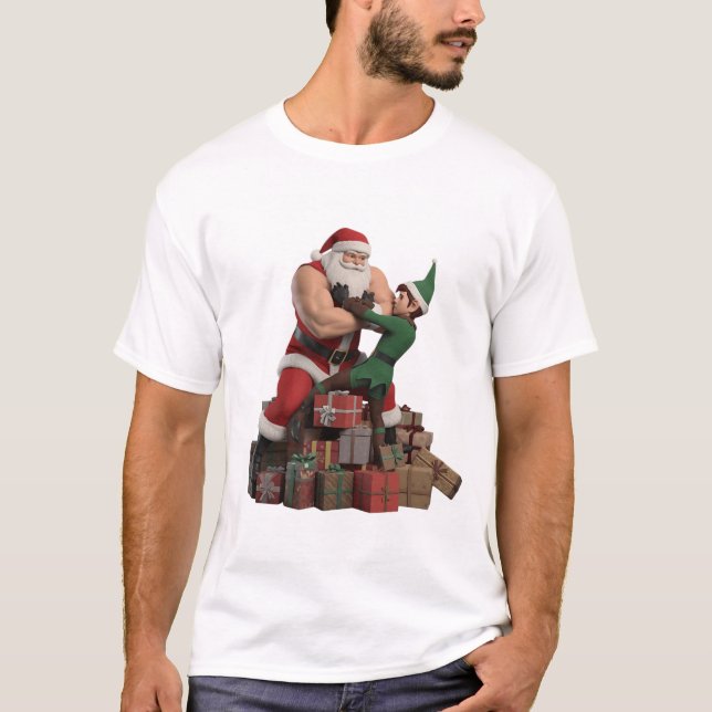 Muscular Santa Arm-Wrestling an Elf – Funny Christ T-Shirt (Front)