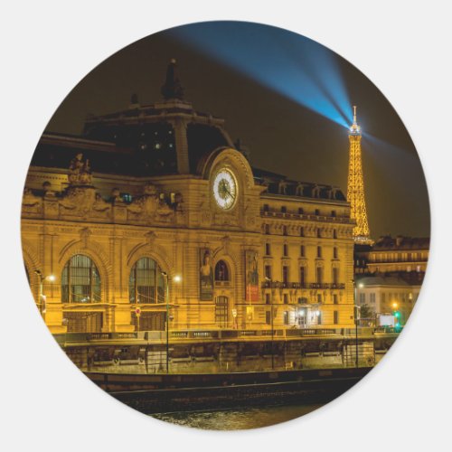 Muse dOrsay in Paris at night Classic Round Sticker