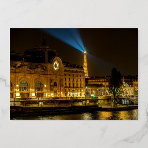 Muse dOrsay in Paris at night Foil Holiday Card