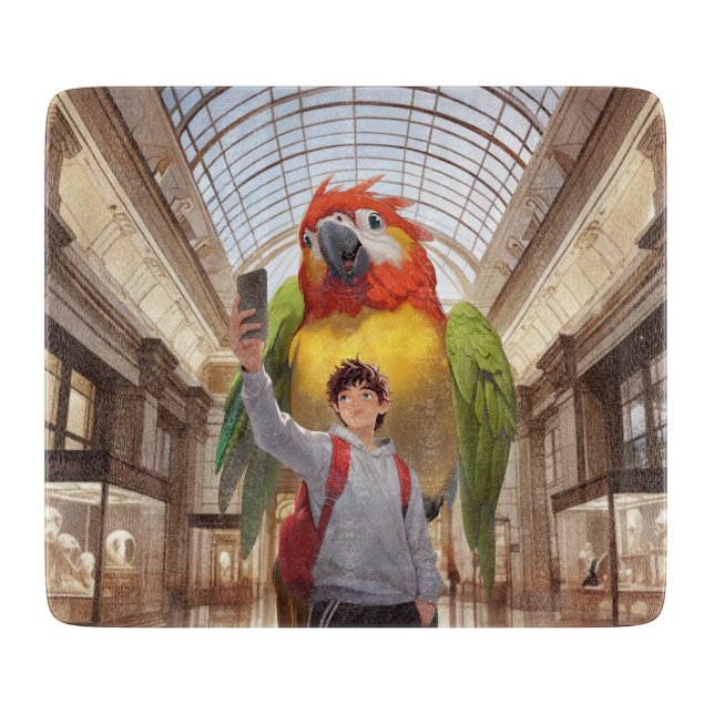Museum Gaze: Giant Scarlet Macaw Parrot Selfie Cutting Board (Front)