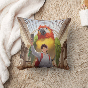 Museum Gaze: Giant Scarlet Macaw Parrot Selfie Throw Pillow