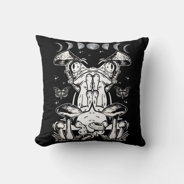 Mushroom Aesthetic Frog Magic Moon Phases Throw Pillow (Front)