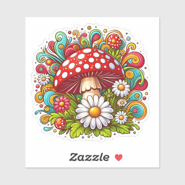 Mushroom Amid Vibrant Outdoor Flowers Sticker (Sheet)