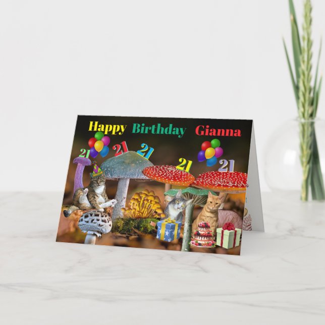 Mushroom and Cats Birthday Card (Front)
