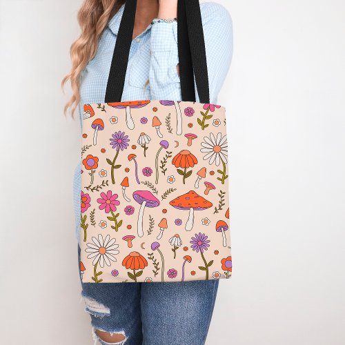 Mushroom and Floral Colorful Nature Inspired Tote Bag