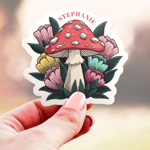 Mushroom And Flowers Custom Name Vinyl Sticker