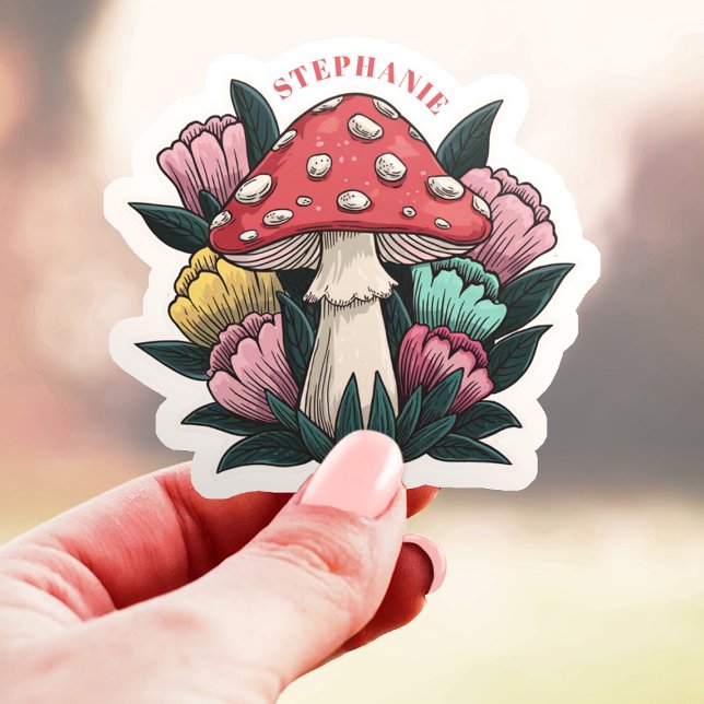 Mushroom and Flowers Custom Name Vinyl  Sticker (Creator Uploaded)