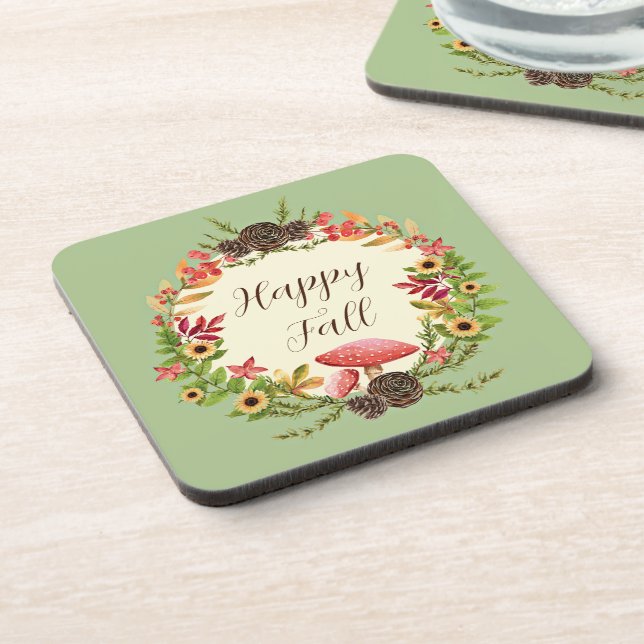 Mushroom and sunflowers with customizable text  beverage coaster (Left Side)