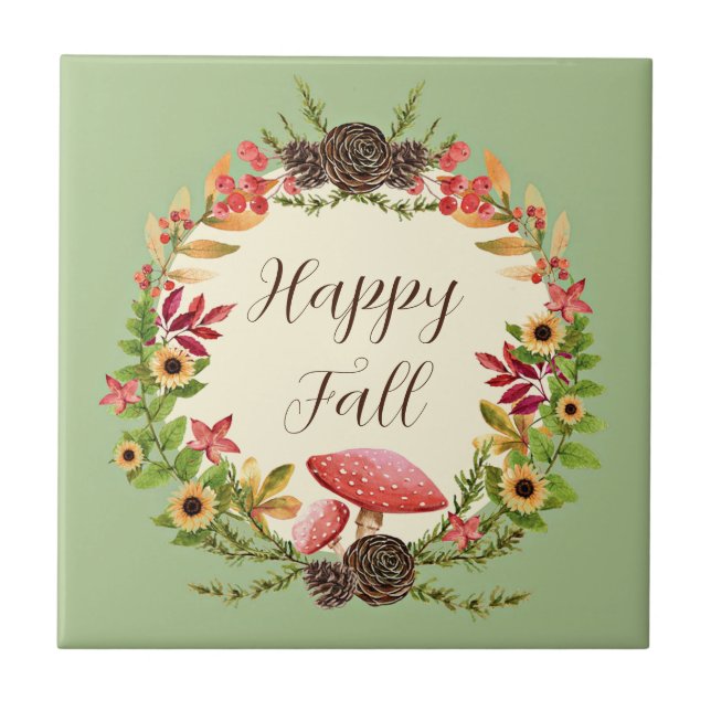 Mushroom and sunflowers with customizable text  ceramic tile (Front)