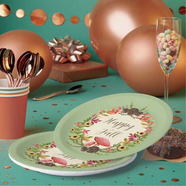 Mushroom and sunflowers with customizable text  paper plates (Multi)