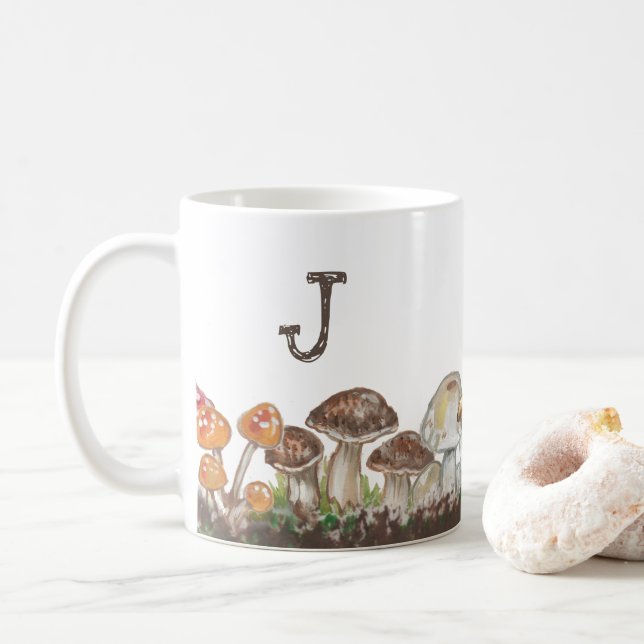  Mushroom Art Fall Autumn Nature Monogram  Coffee Mug (With Donut)
