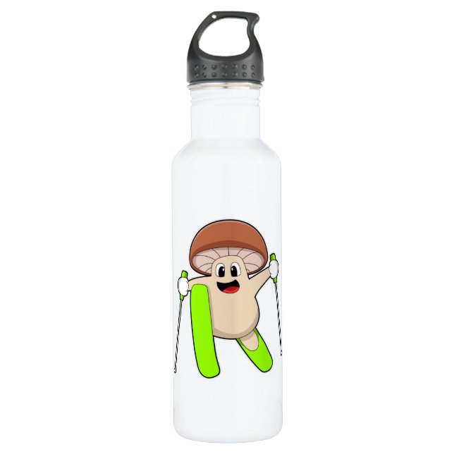 Mushroom as Skier with Ski Stainless Steel Water Bottle (Front)