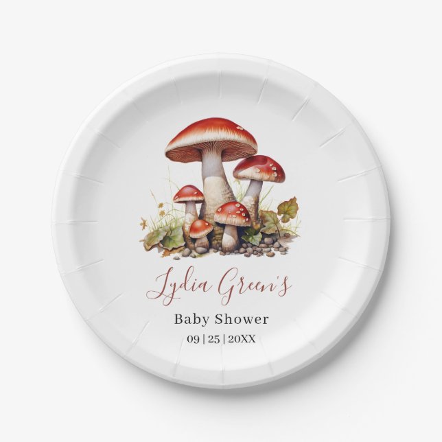 Mushroom Baby Shower Invite, Fall Gender Neutral Paper Plates (Front)