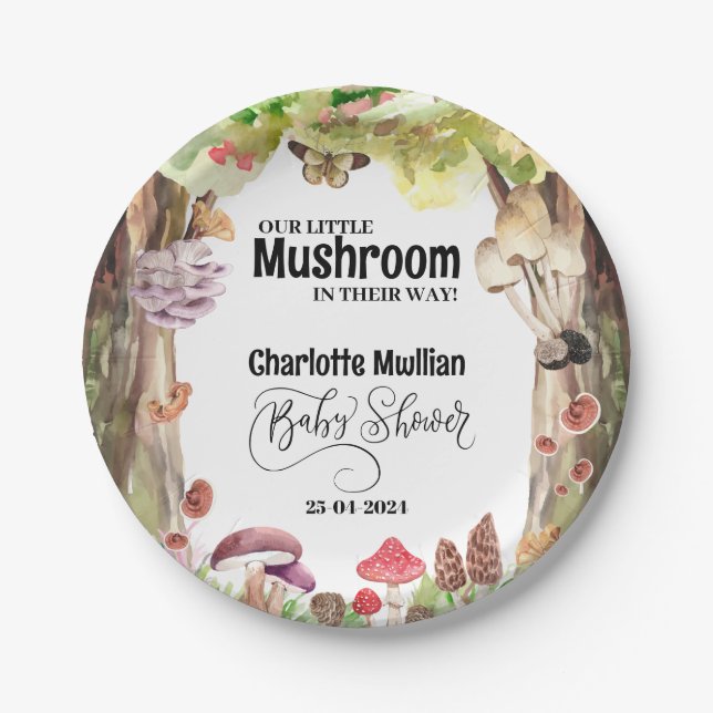 mushroom baby shower woodland forest  paper plates (Front)