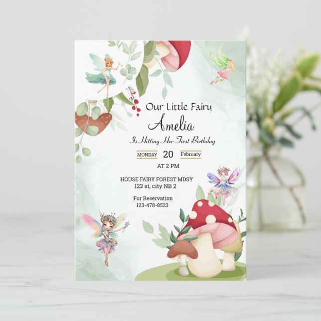 mushroom birthday fairy forest watercolor invitation (Standing Front)