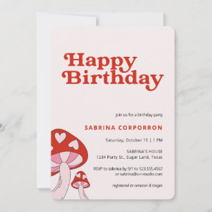 Mushroom Birthday Party Invitation Red and Pink
