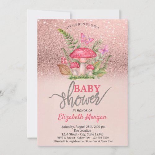 Mushroom Butterflies Rose Gold Glitter Baby Shower Invitation