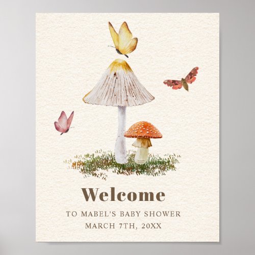 Mushroom Butterflies Woodland Nature Baby Shower Poster