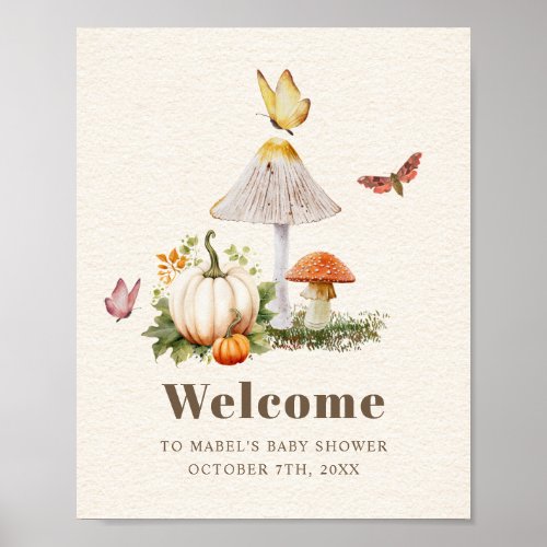 Mushroom Butterfly Woodland Pumpkin Baby Shower  Poster