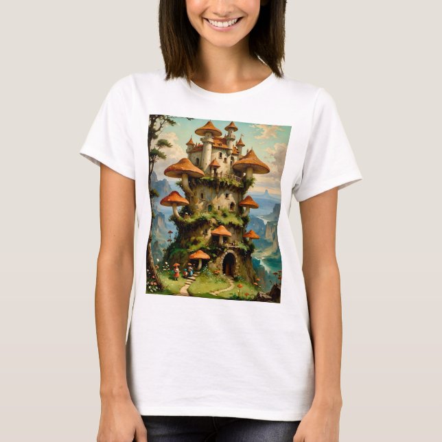 Mushroom Castle Fantasy Art Whimsical T-Shirt Desi (Front)