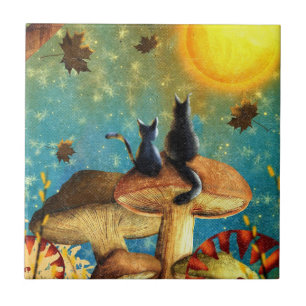 Mushroom Cats Ceramic Tile