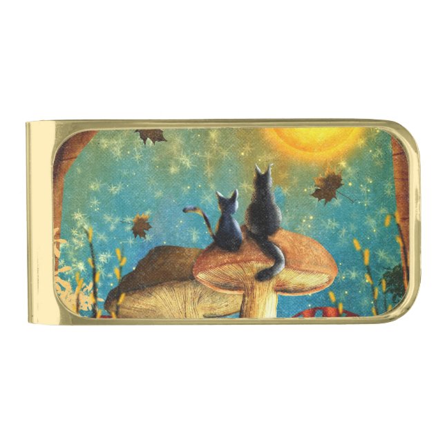 Mushroom Cats  Gold Finish Money Clip (Front)