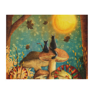 Mushroom Cats Wood Wall Art