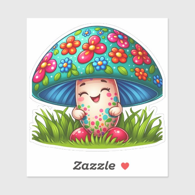 Mushroom Character With Flowers and Grass Sticker (Sheet)