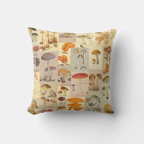 Mushroom Collage Vintage Illustration Print Throw Pillow