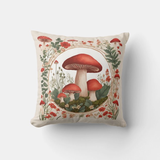Mushroom Cottagecore Throw Pillow (Front)
