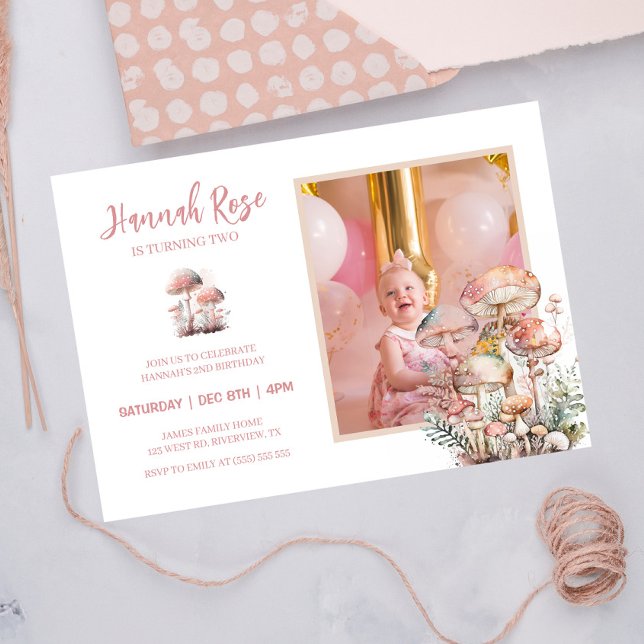 Mushroom Cute Blush Pink Woodland Photo Birthday Invitation (Creator Uploaded)