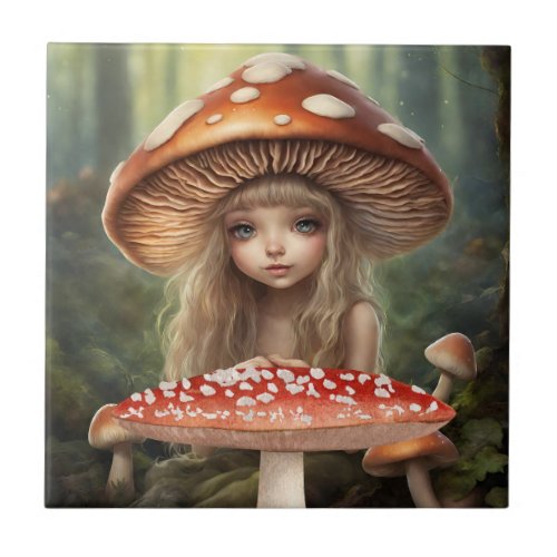 Mushroom Fairy Fantasy World Forest Illustration  Ceramic Tile