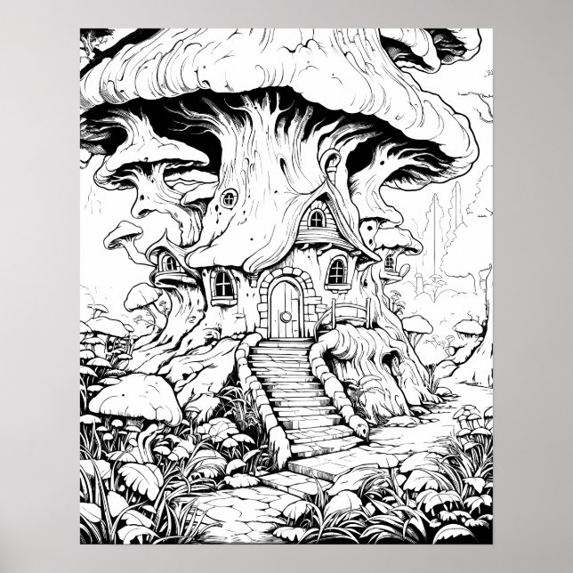 Mushroom Fairy House Fantasy Coloring Poster (Front)