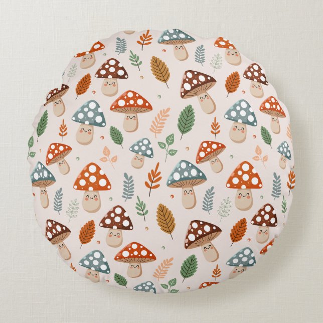 Mushroom, Fall foliage, Nature Patten  Round Pillow (Front)
